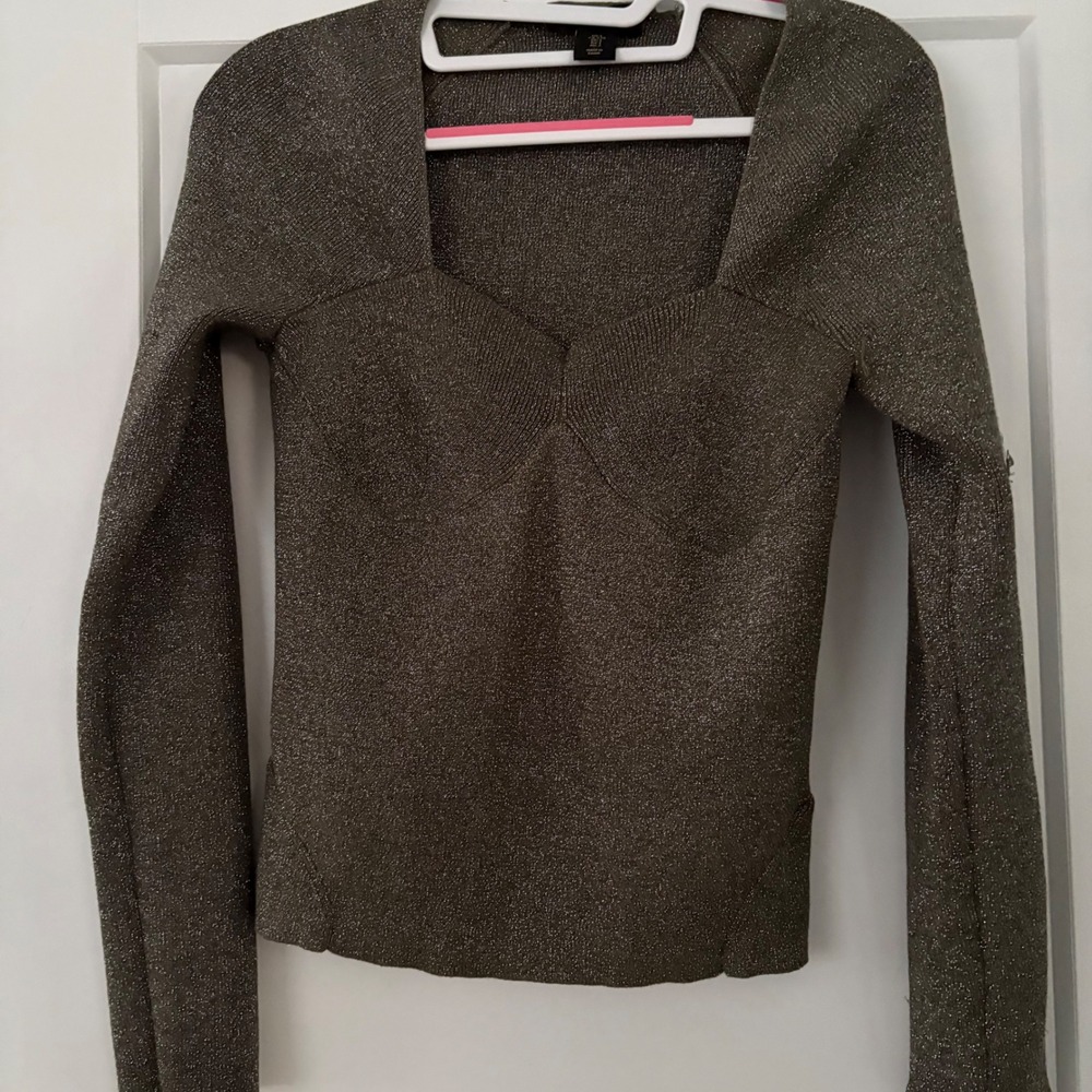 House of Harlow 1960 Olive Green Gold Metallic Knit Square Neck Long Sleeve Top‎
